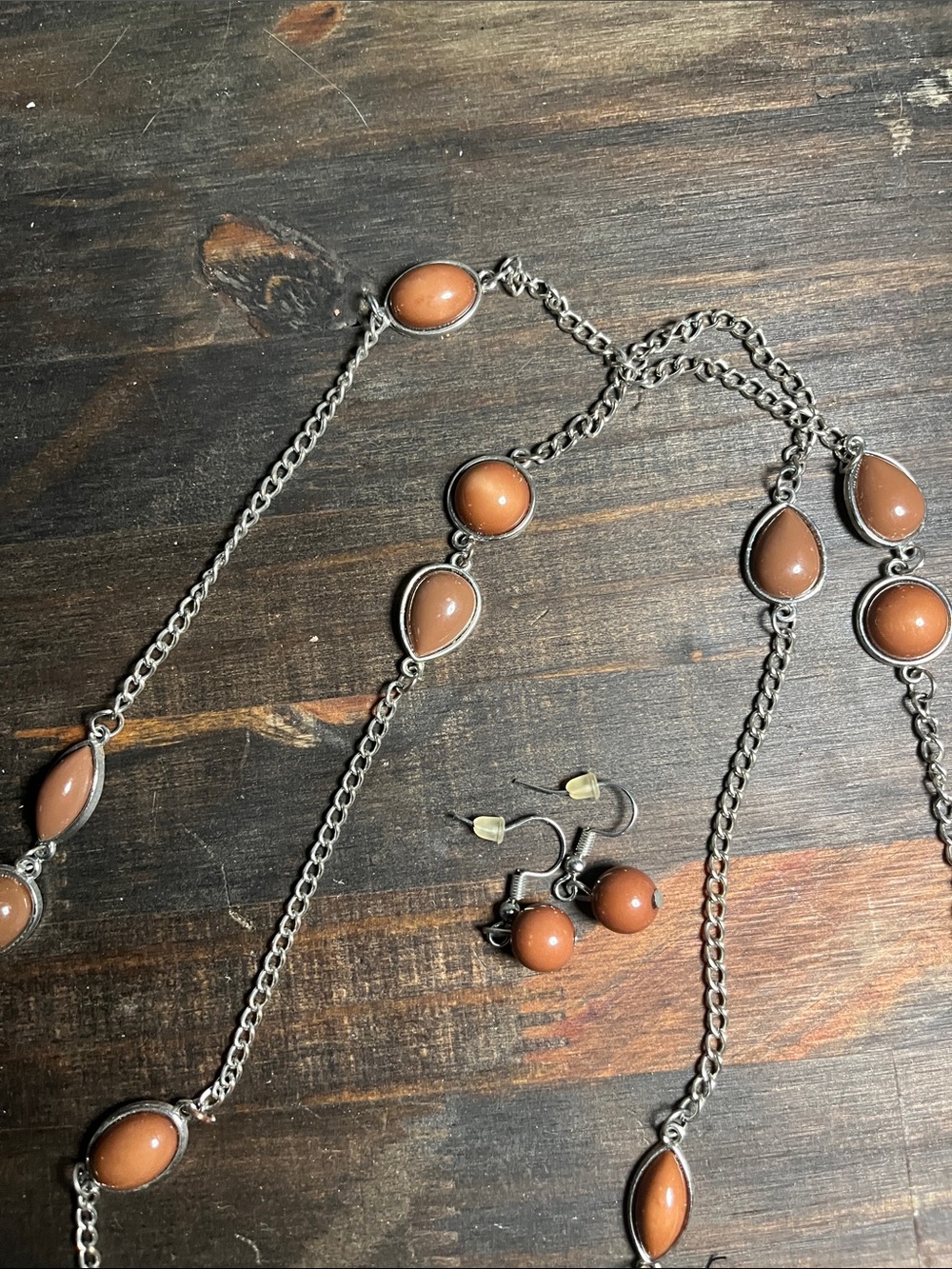 Silver-Tone Necklace & Earrings Set with Brown Cabochon Stones - Picture 4 of 5